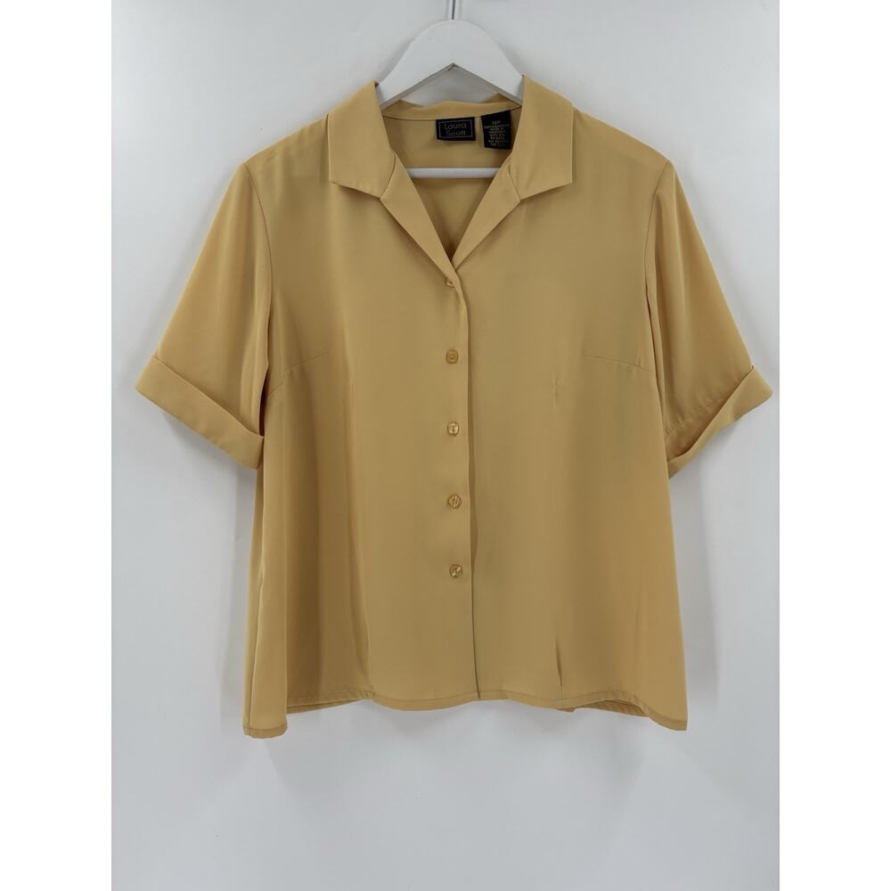 Laura Scott Vintage Button Up Shirt Womens 16P Yellow Gold Short Sleeves Sheer